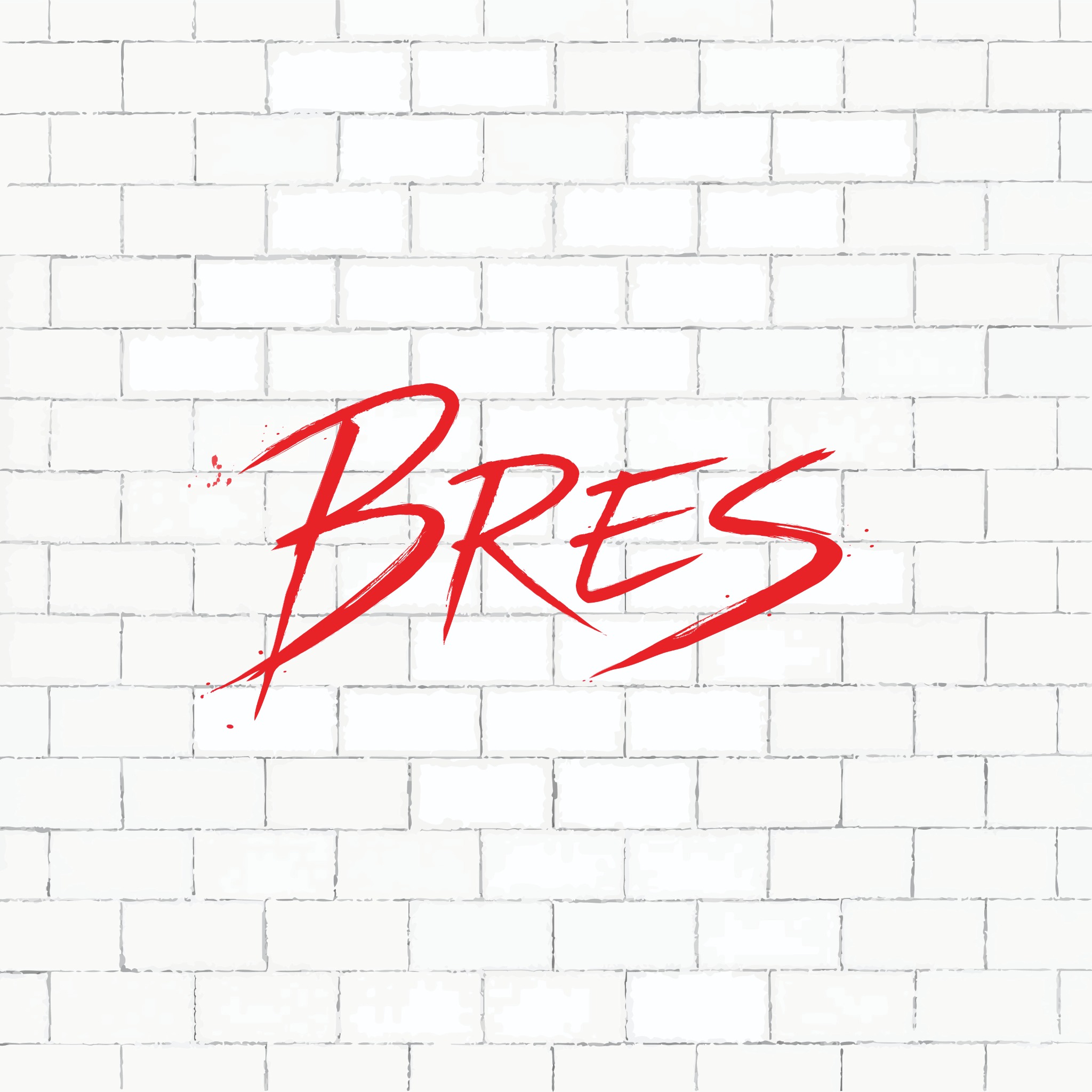 Witte bakstenen muur met het rode BRES-logo
