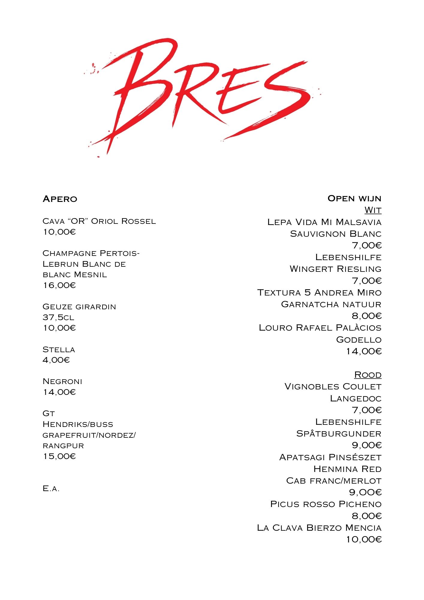 Drankenmenu van BRES